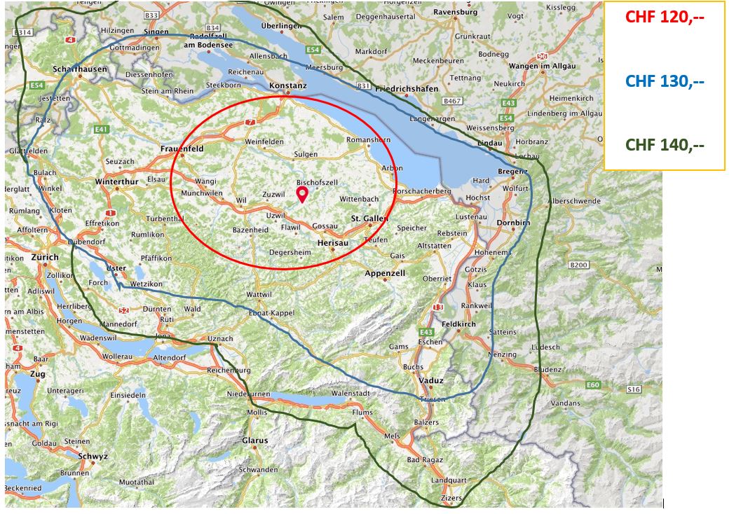 behandlungsgebiet von sybille moser. nähere umgebung kostet 120fr, weiter entfernte gebiete bis 140fr